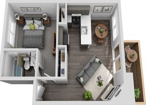Floor plan for 1 bed, 1 bath, 590 sqft